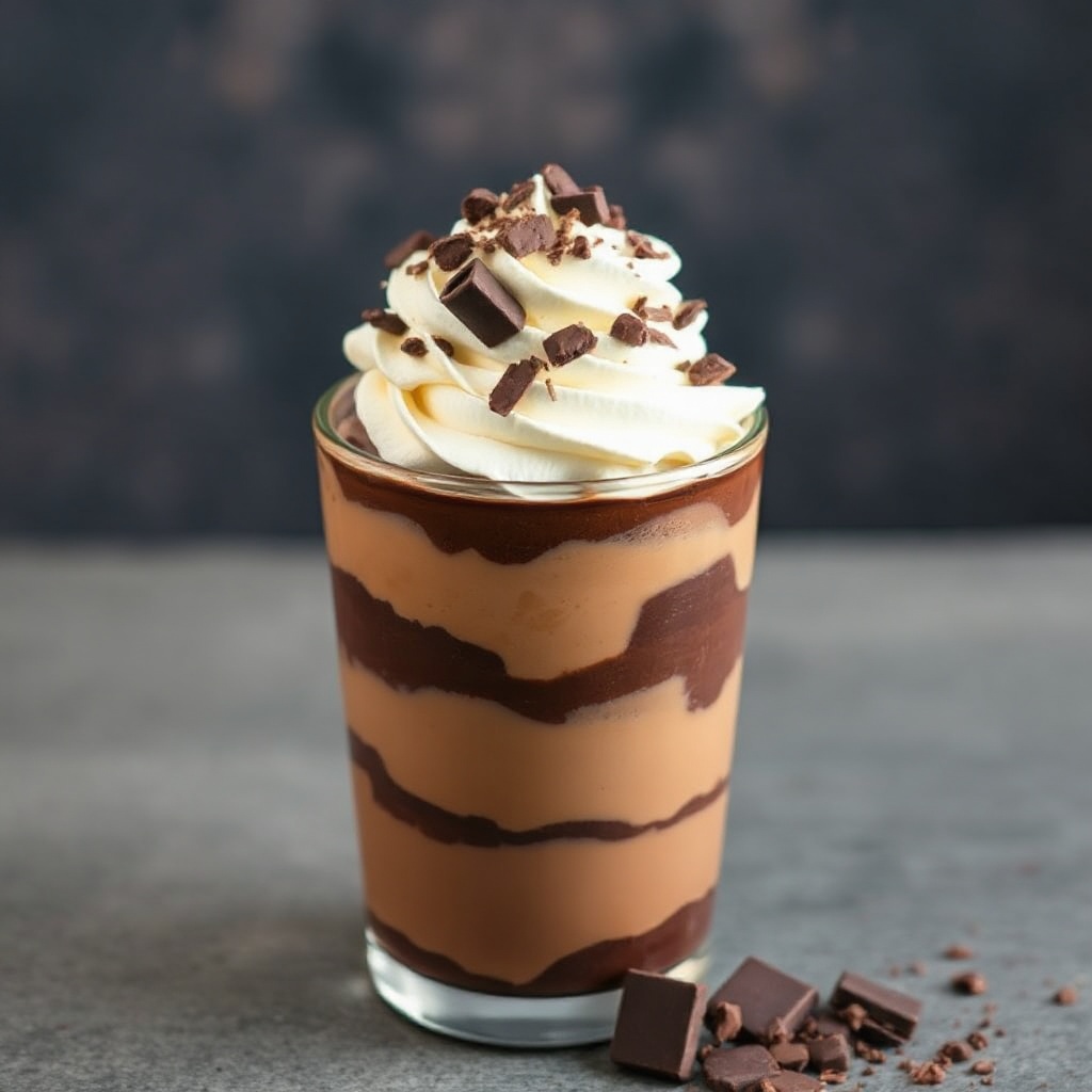 mocha coffee parfait dessert cup with espresso chocolate layers and whipped cream, indulgent coffeeh