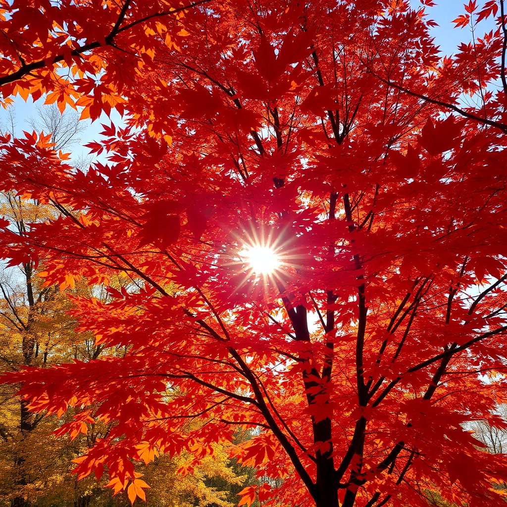 red and orange autumn leaves on trees with bright sunlight peeking through