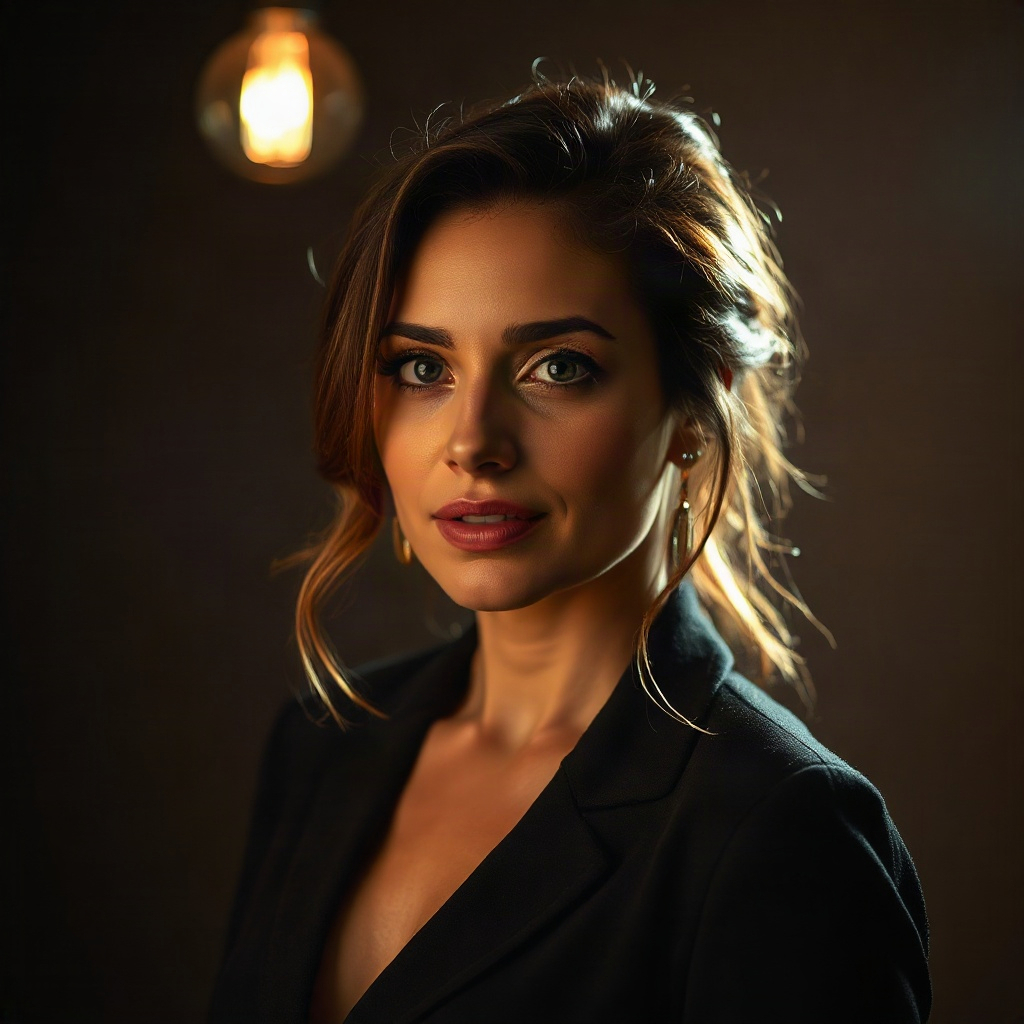 artistic portrait of a creative professional woman, dramatic lighting, warm tones