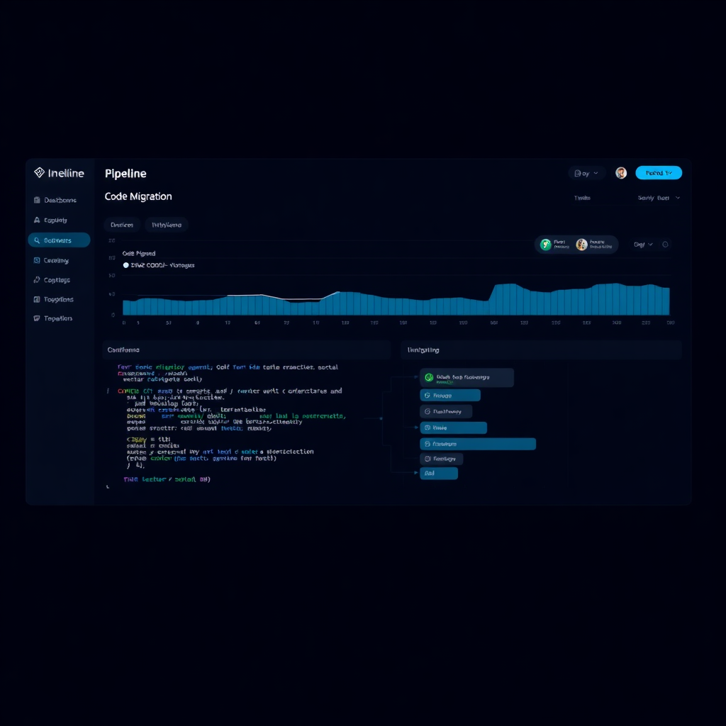 software modernization pipeline dashboard dark UI, code migration progress tracker, side-by-side leg