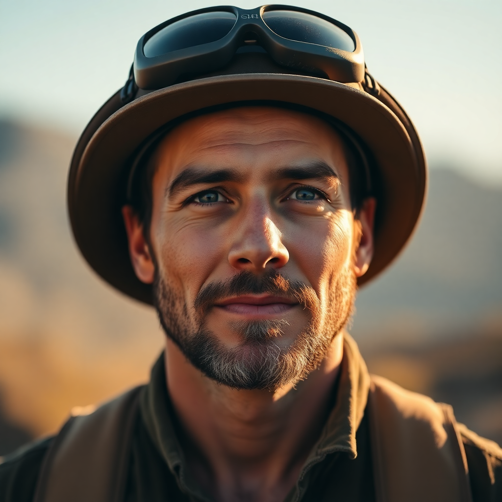 male solo traveler portrait, rugged adventurous look, outdoor natural light, warm cinematic tone