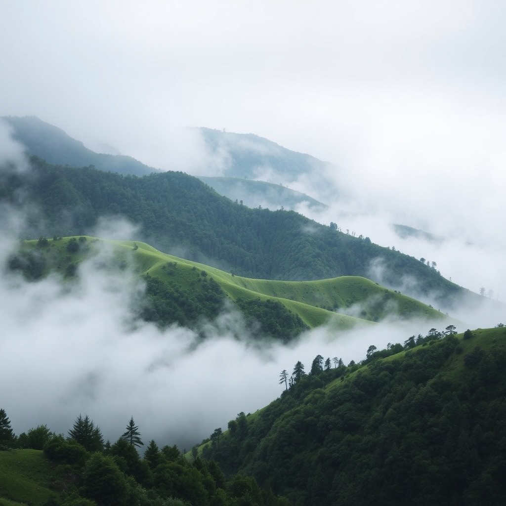 lush green mountain ridges covered in morning fog, cinematic landscape photography