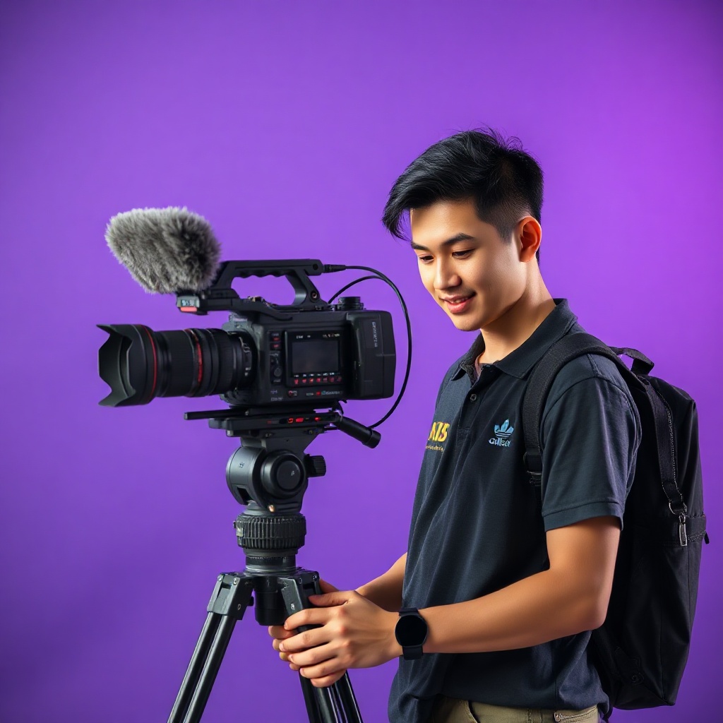 digital media student working on production set, professional camera equipment, vibrant purple backg