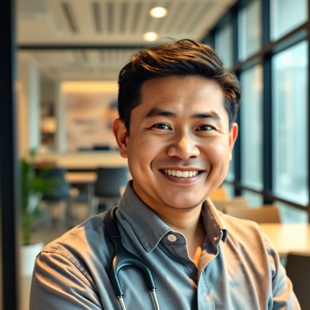 confident smiling Malaysian business founder looking at camera in modern office, professional testimonial