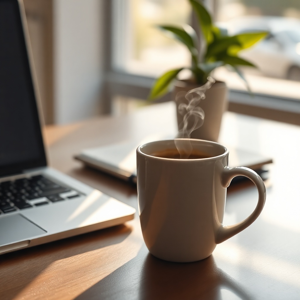 modern workspace setup with a laptop and a steaming cup of coffee, soft morning light