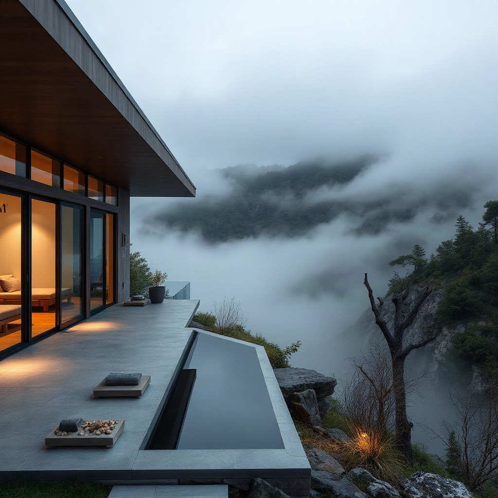 modern architectural hotel villa with glass walls overlooking a foggy valley