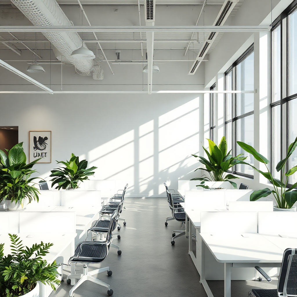Bright minimalist VeloSync office interior with plants and white desks in soft sunlight