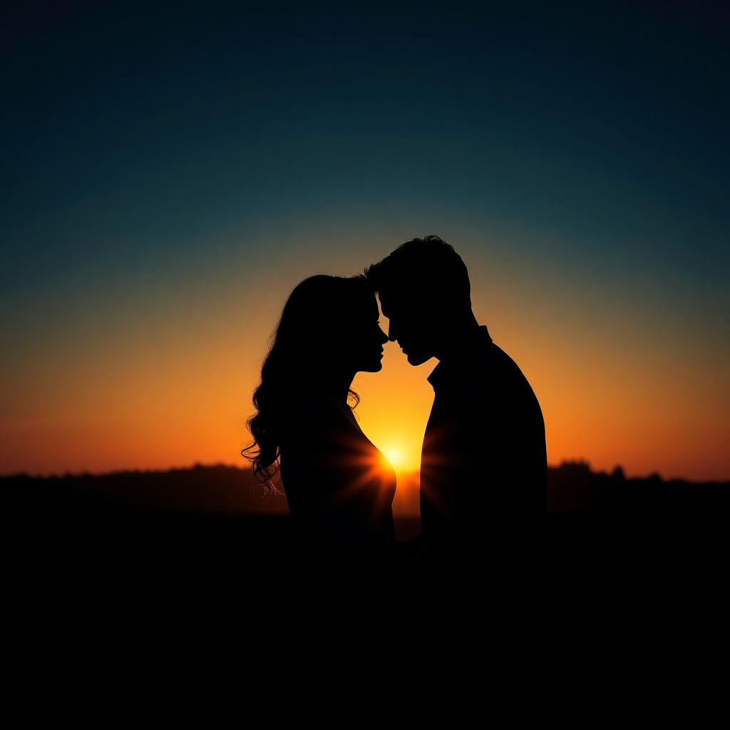 romantic drama movie poster couple silhouette golden hour cinematic photography elegant, dark backgr