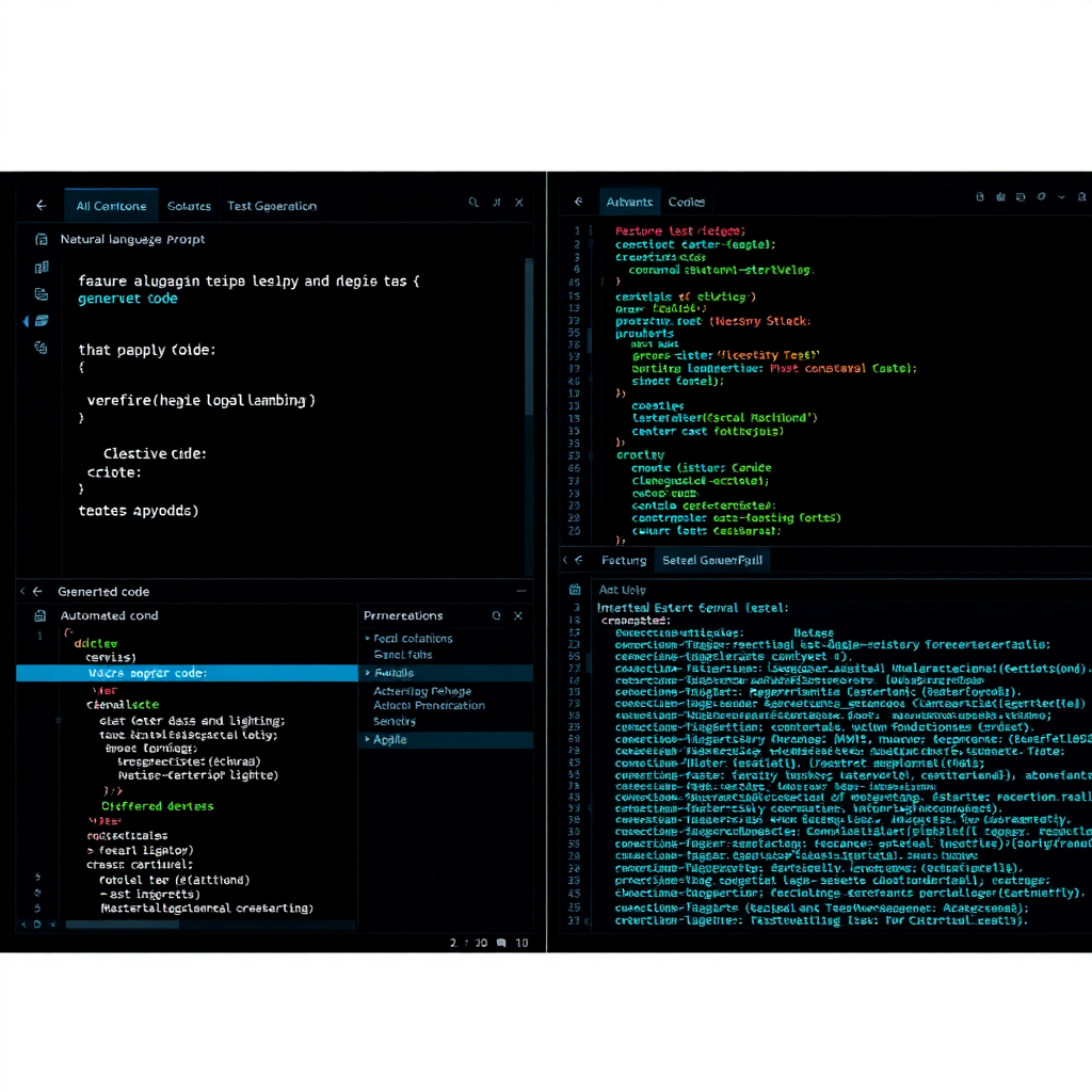AI code generation interface dark UI, split screen showing natural language prompt on left and gener