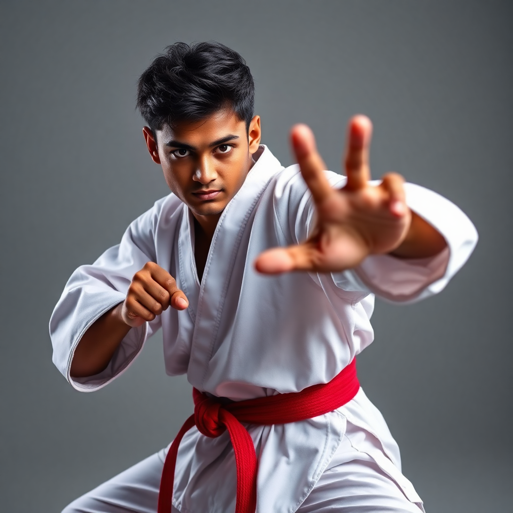 young Indian male karate athlete in white gi uniform kata stance professional portrait sports photog