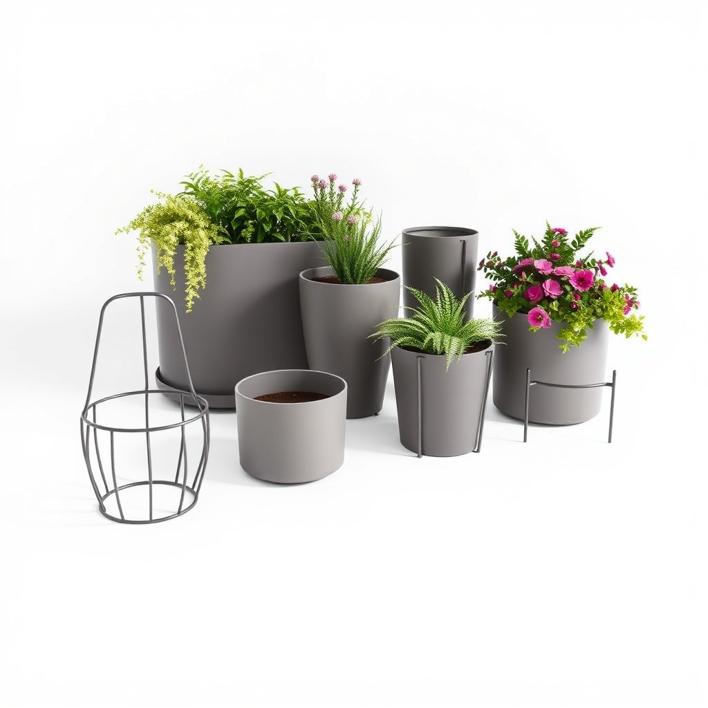 modern outdoor metal planters and garden accessories on white background, clean minimal product phot