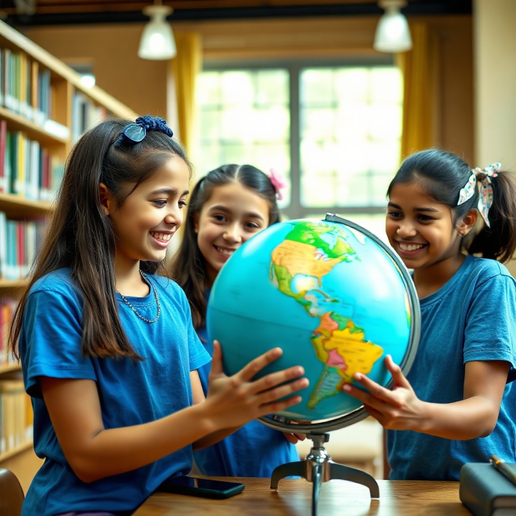 group of smiling young girls looking at a globe in a library, bright school setting