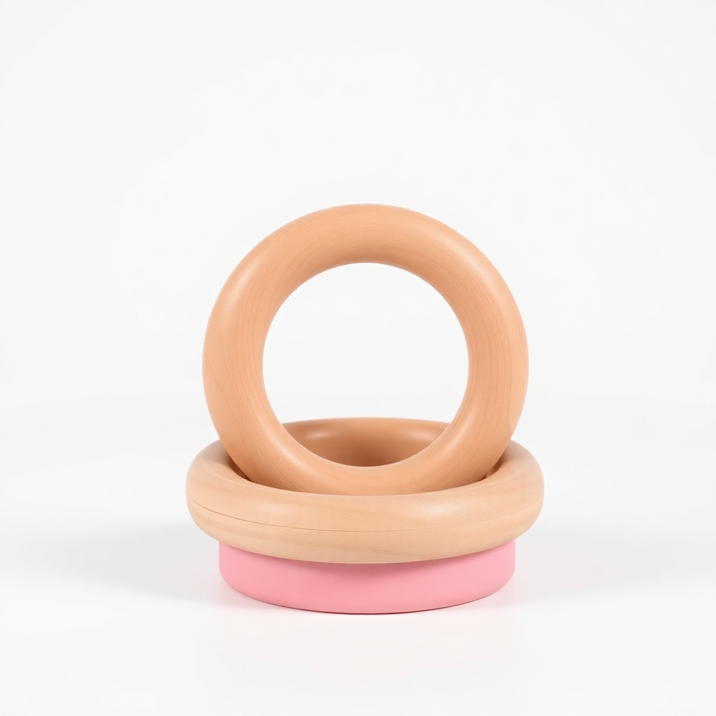 wooden ring toy stacker circle, soft bubblegum pink, smooth sanded wood 3D render, Scandinavian mini