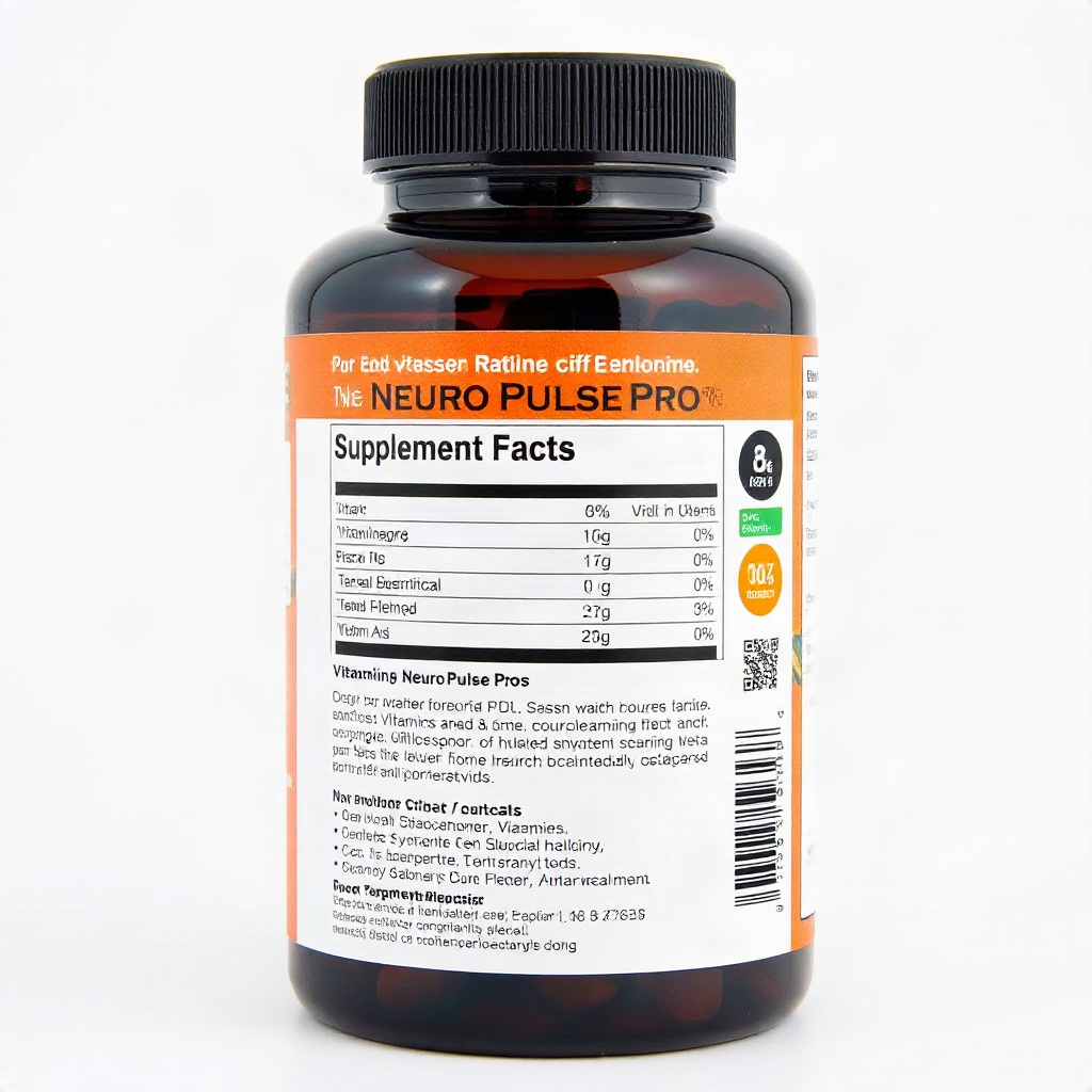 Back label of Neuro Pulse Pro supplement bottle showing Supplement Facts panel with vitamins and bot
