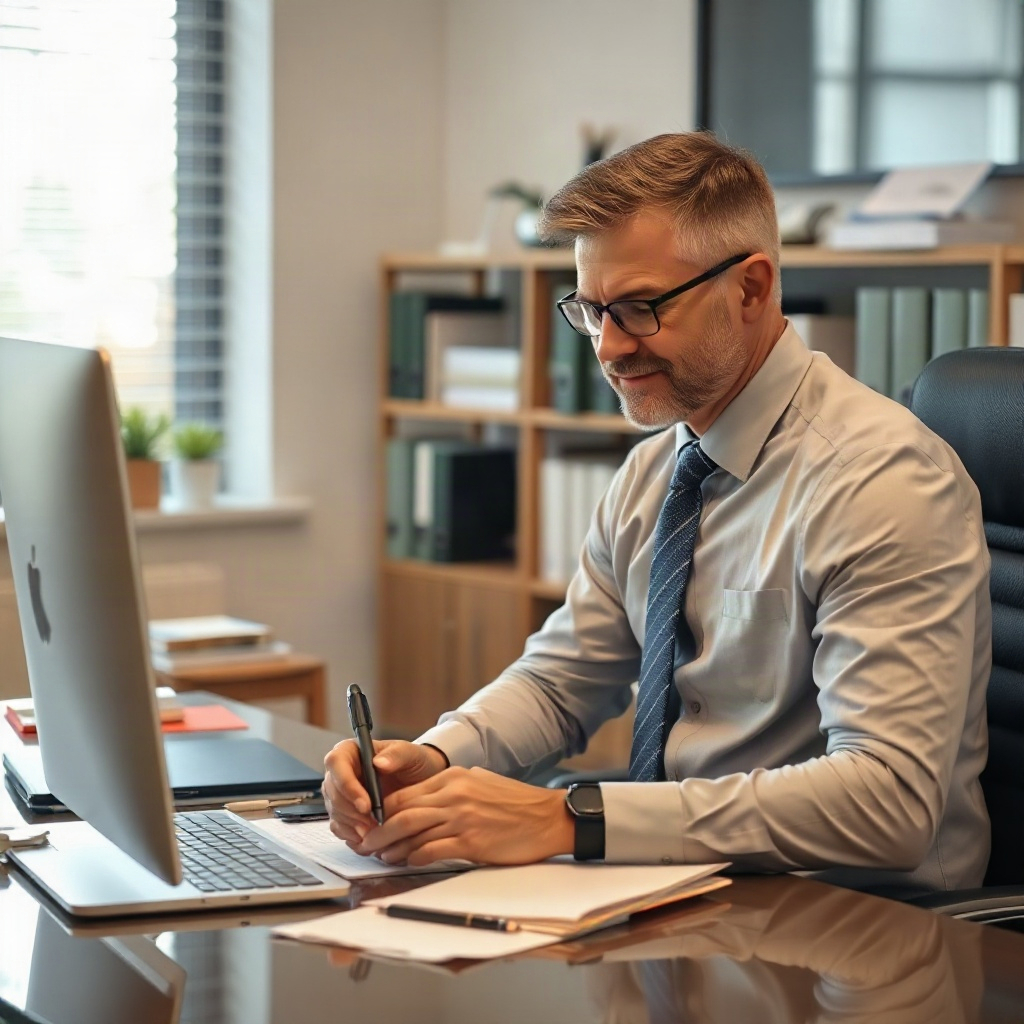 senior expert advisor working at a desk, professional office setting