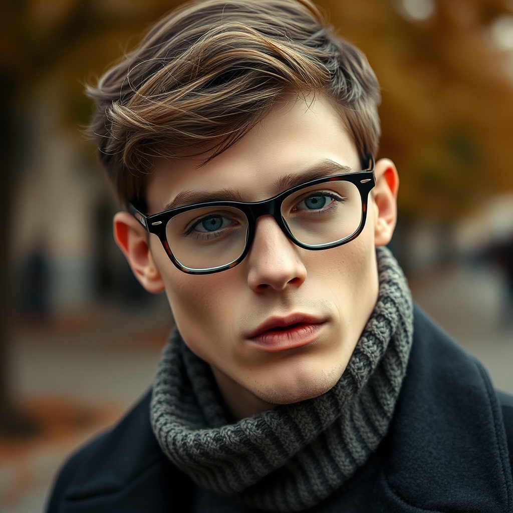editorial fashion photo of a model with glasses in autumn streetwear, close up
