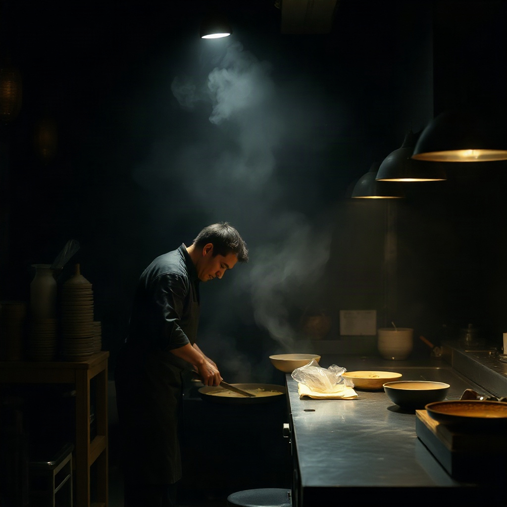 dark moody japanese kitchen with steam and low light, shadows of chefs