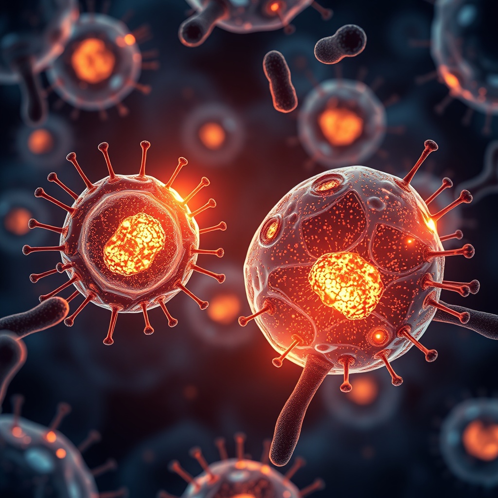 Microscopic view of energized healthy cells with glowing mitochondria, scientific medical illustrati