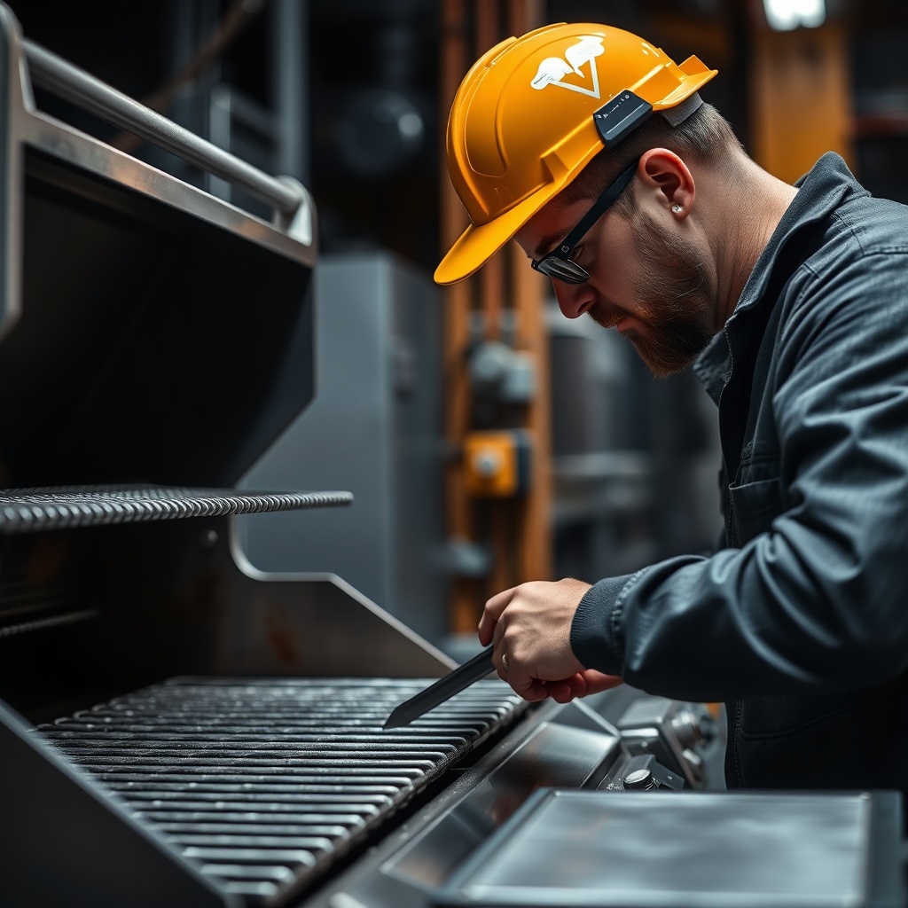 quality control inspector checking metal BBQ grill in factory, industrial inspection, calibration to