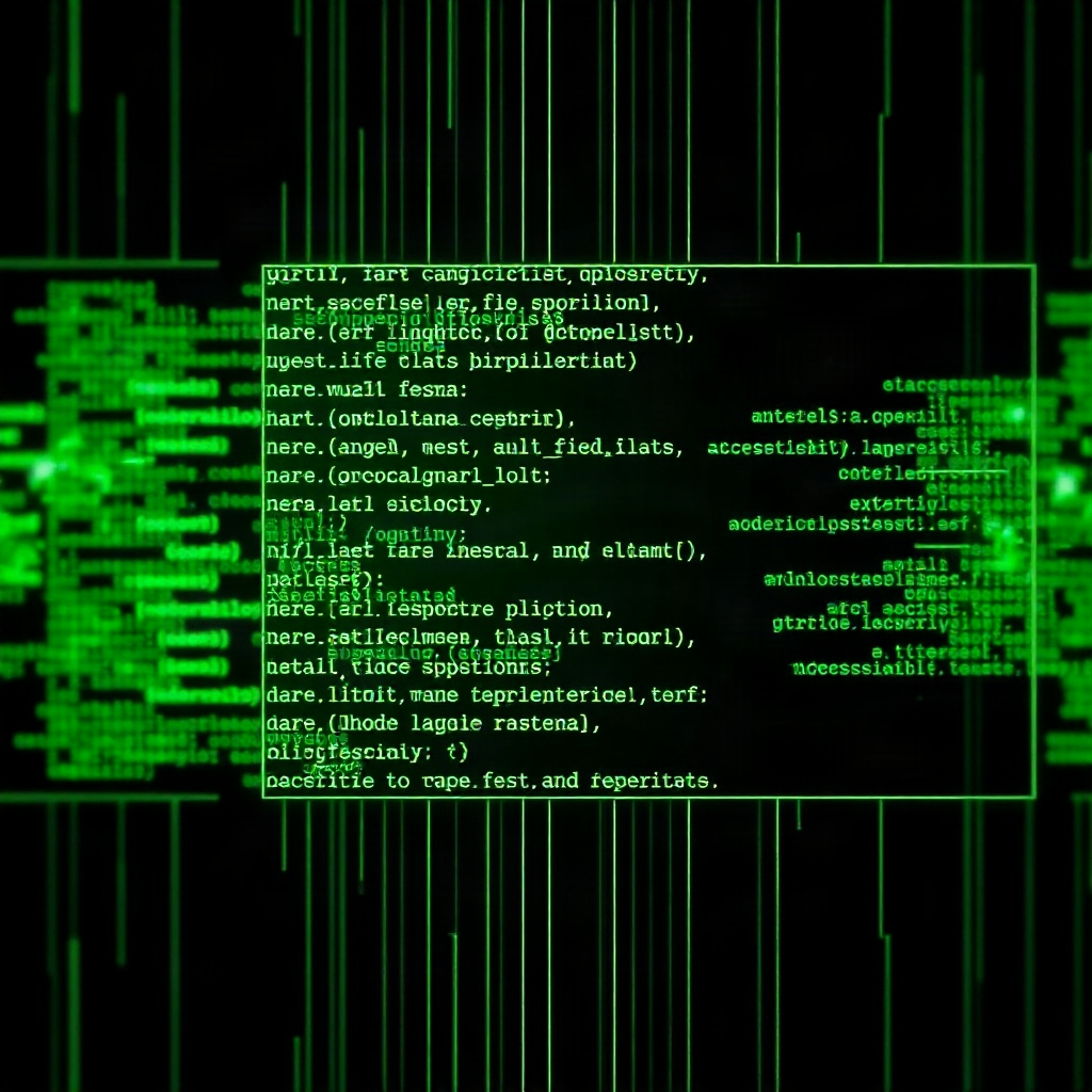 abstract neon green code interface on a dark screen, glitch art, futuristic ui mockup