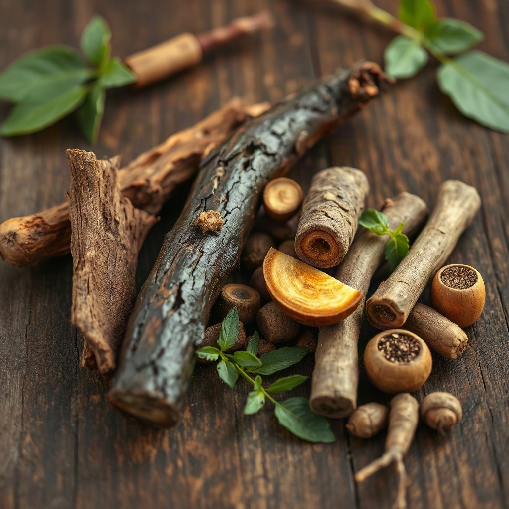 Muira Puama bark and roots on wooden table, herbal medicine aesthetic, authentic