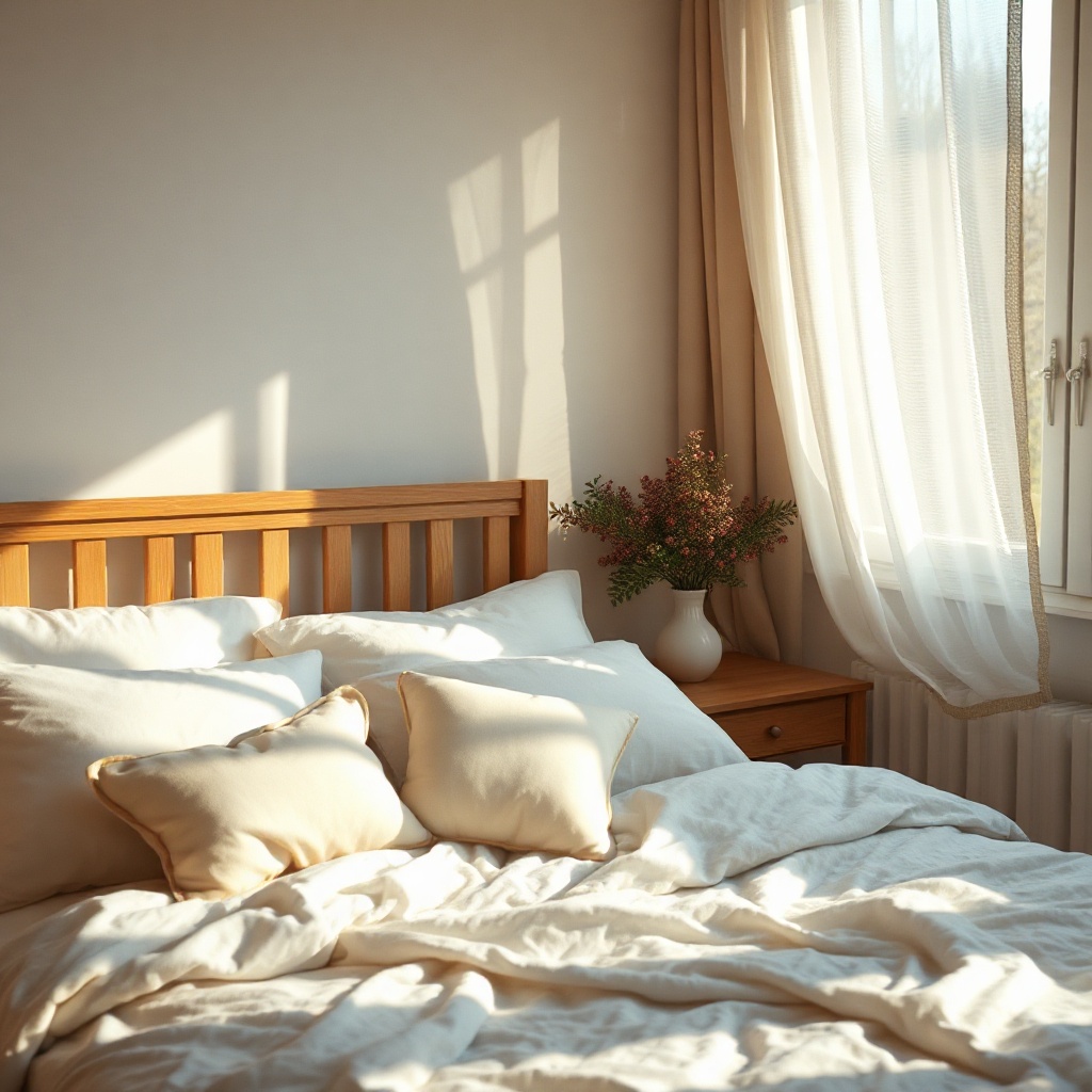 peaceful bedroom scene with soft textures, morning light, calm atmosphere, editorial style