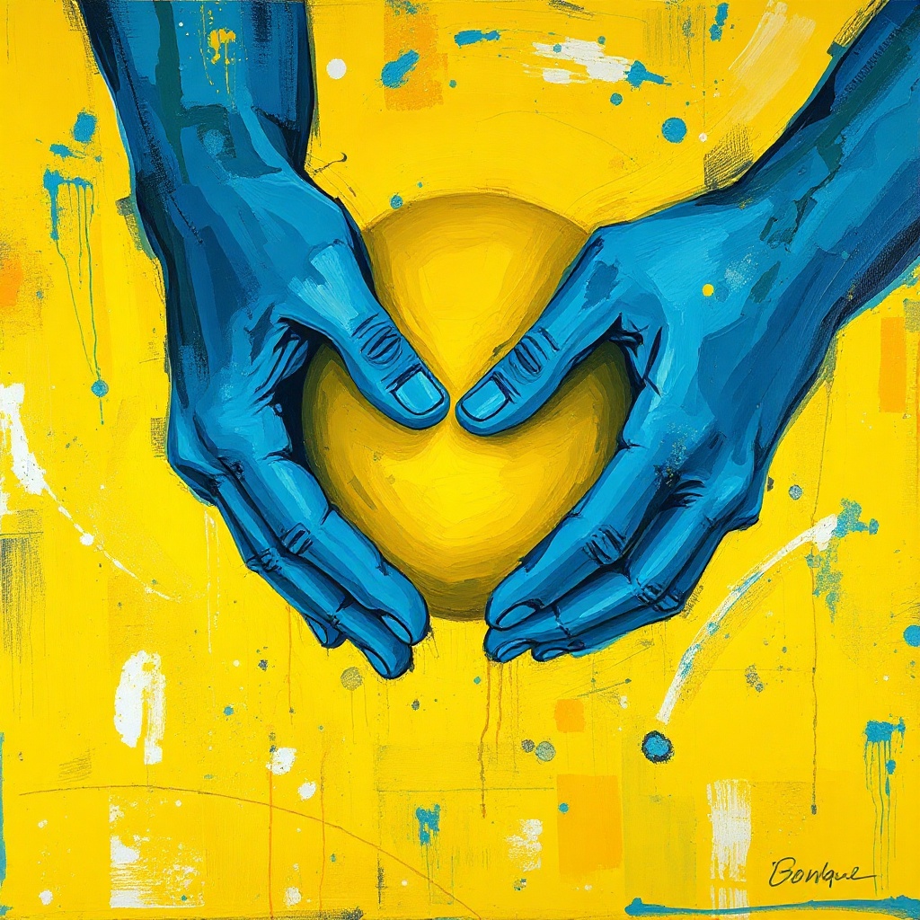 abstract painting of a yellow head covered by two blue hands, artistic oil painting style