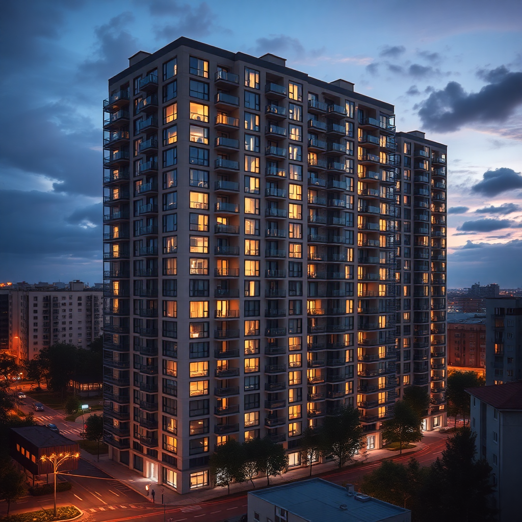 premium apartment complex residential buildings urban Poland dusk evening lights photography
