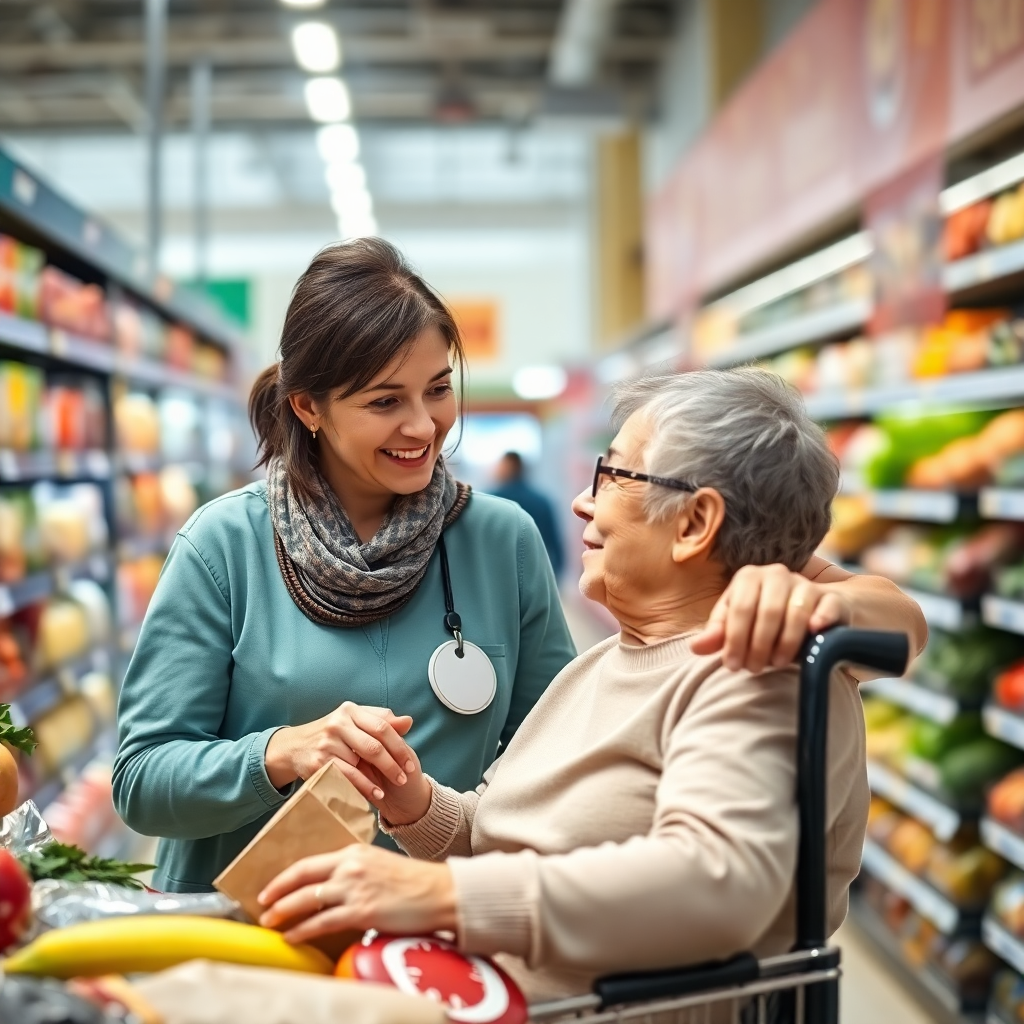 care worker helping adult with disability go grocery shopping in a bright supermarket, warm and incl