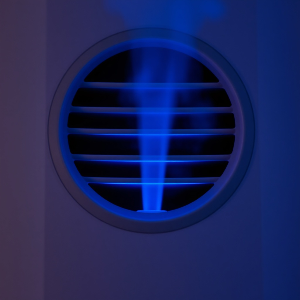 Close up of a humidifier vent with soft mist coming out, blue ambient lighting, minimalist design
