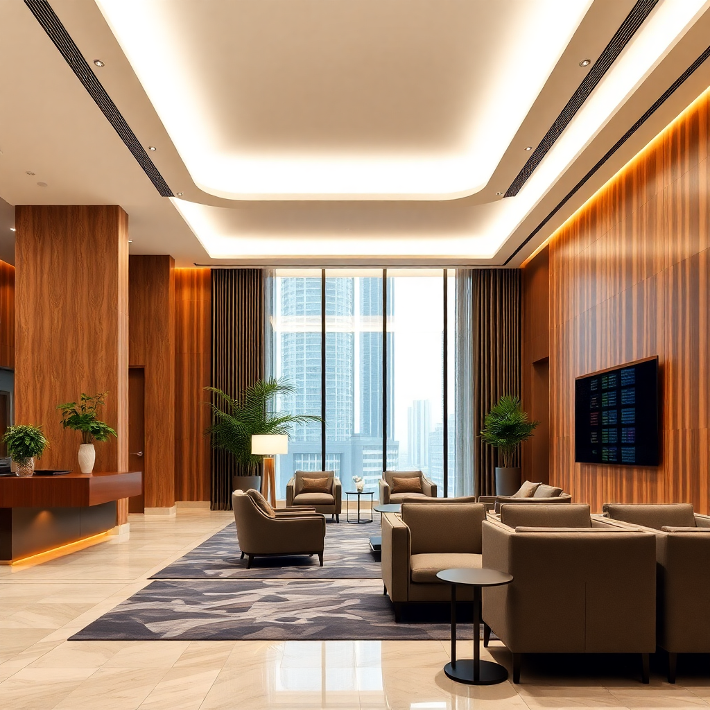 professional corporate banking interior Malaysia modern minimalist design soft warm lighting
