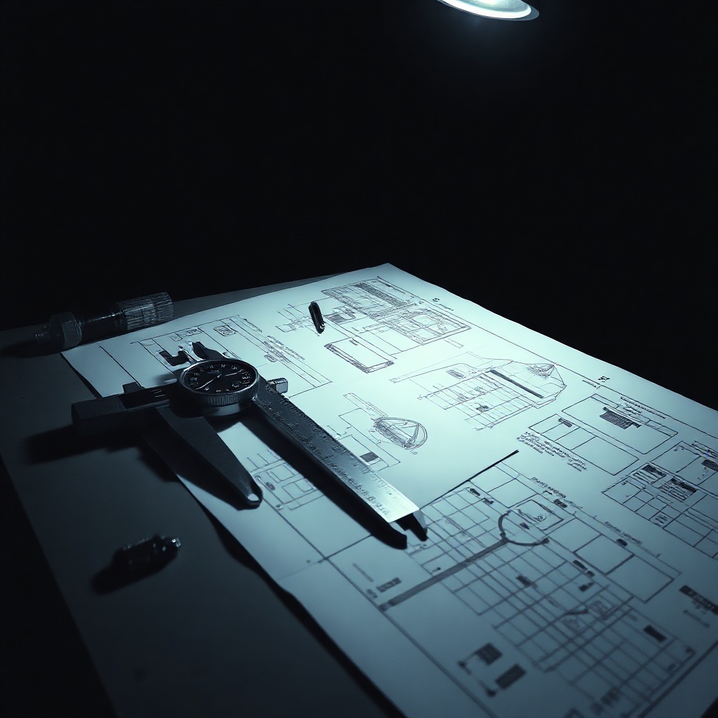 dark editorial photo of a mechanical drafting table with calipers and blueprints
