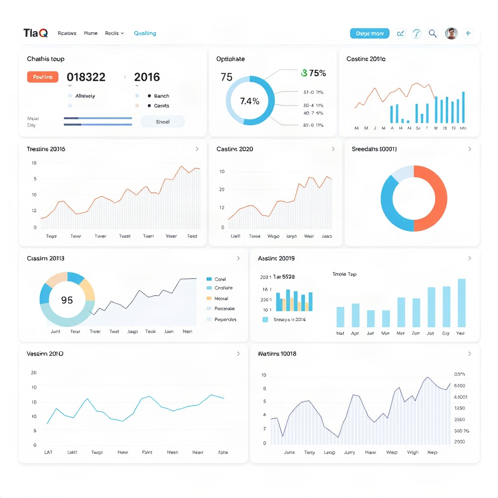 web dashboard interface with complex charts and data visualization, clean white theme