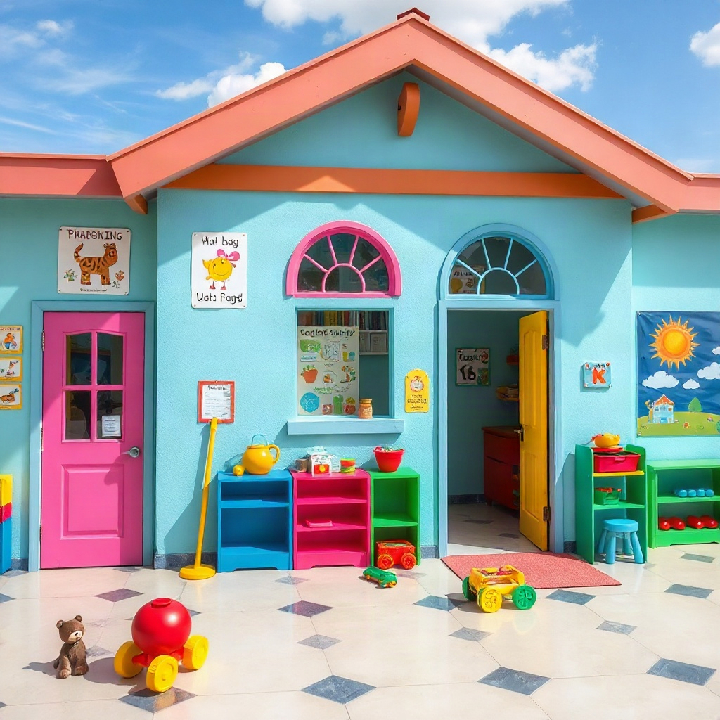 brightly colored preschool building with educational posters and toys, safe and welcoming