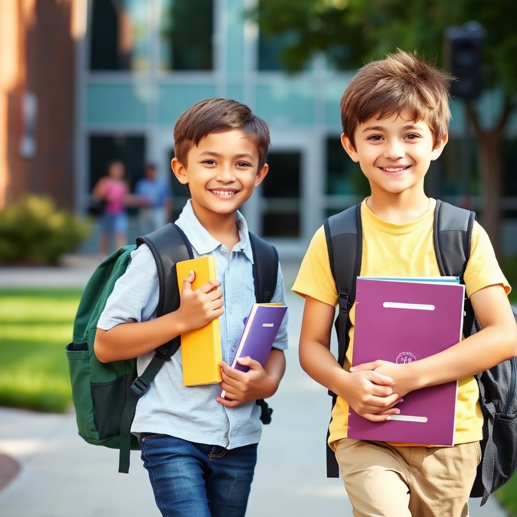 two young elementary students carrying backpacks and books, smiling, outdoor campus setting