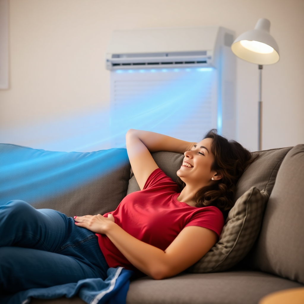 woman relaxing comfortably on sofa with air conditioner running in background, cool fresh air, comfo