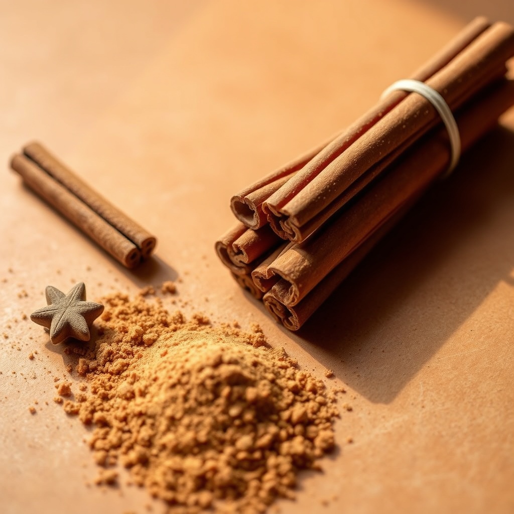 cinnamon sticks and ground cinnamon powder on a warm toned surface, soft natural light, food photogr