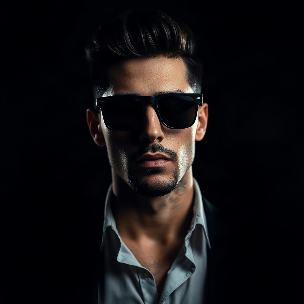 dramatic portrait of a male designer with sunglasses, dark background, cinematic lighting, editorial