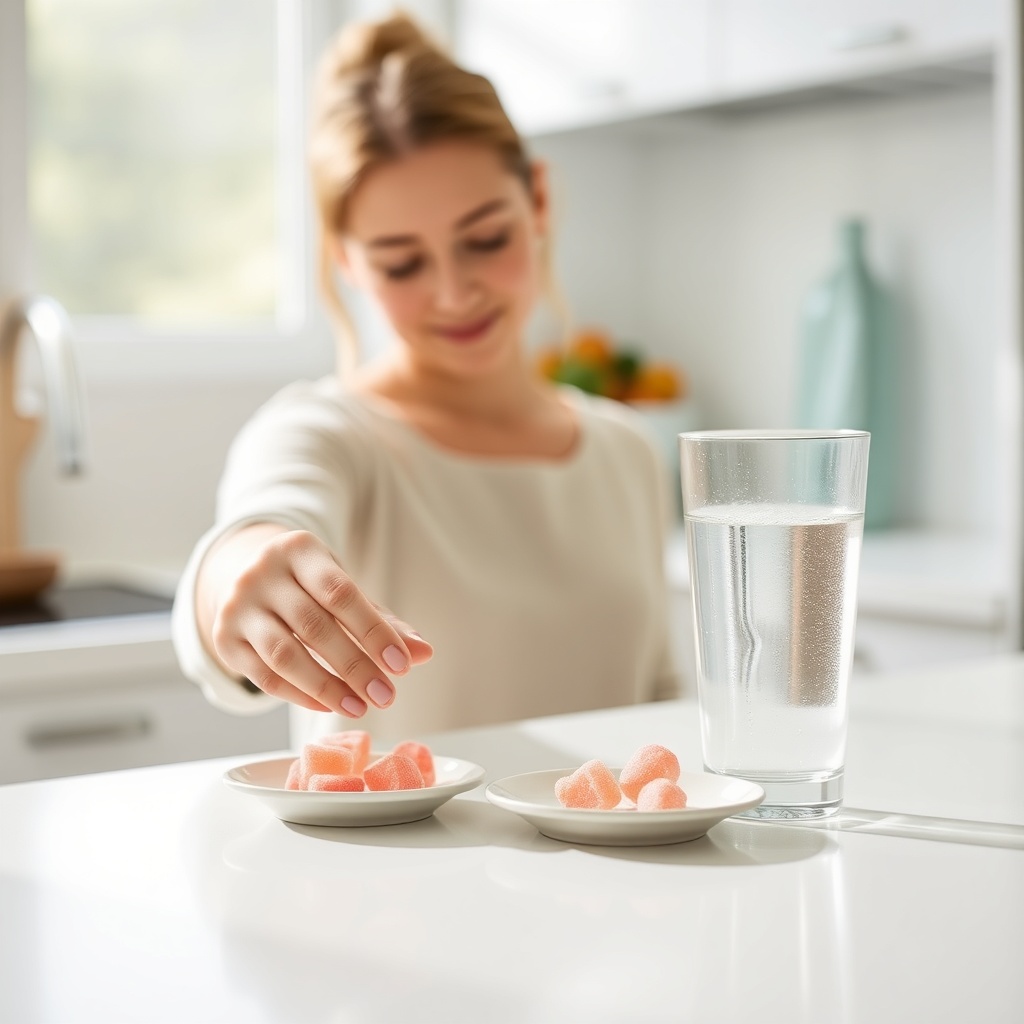 woman placing a pink gummy on a small plate next to a glass of water on a bright kitchen counter, mo