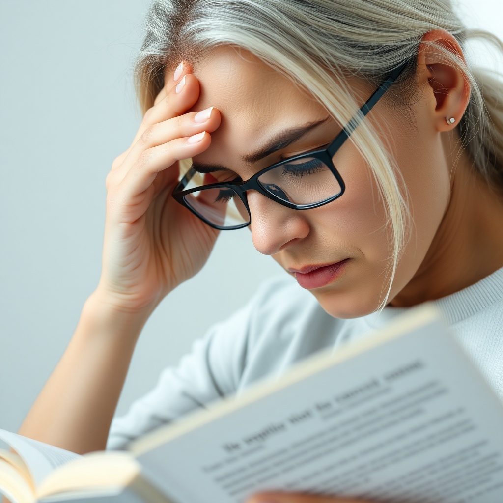 Close up of person rubbing temples while reading, struggling to concentrate, soft clinical photograp