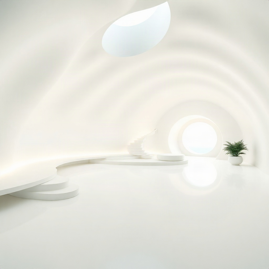 ultra-modern minimalist interior architecture with flowing white curves and soft lighting, abstract 