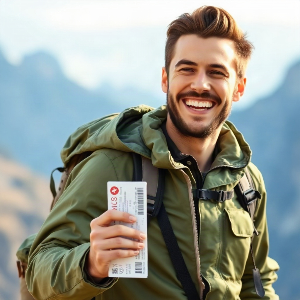 a smiling male adventurer wearing a backpack and green jacket, holding a travel ticket, optimistic e