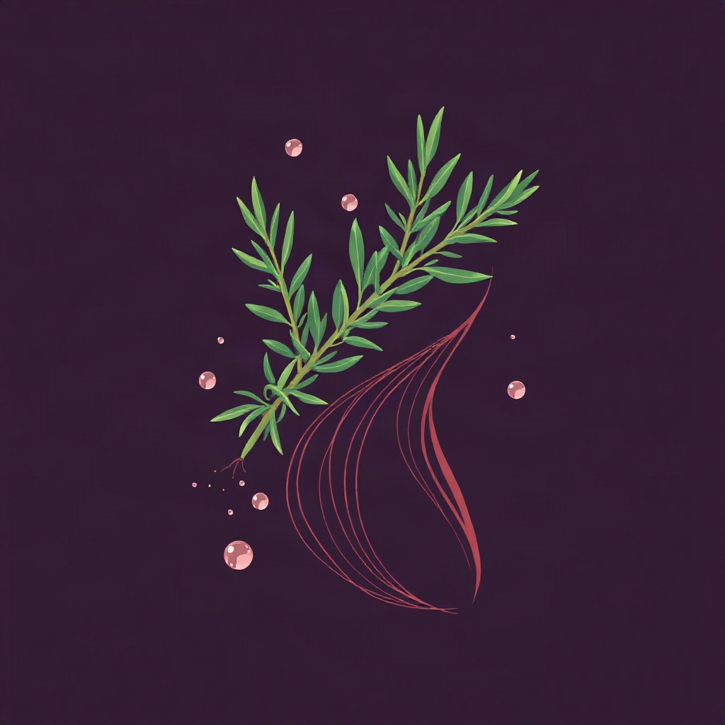 Elegant minimal graphic of a rosemary sprig and water droplets around a strand of healthy hair, deep