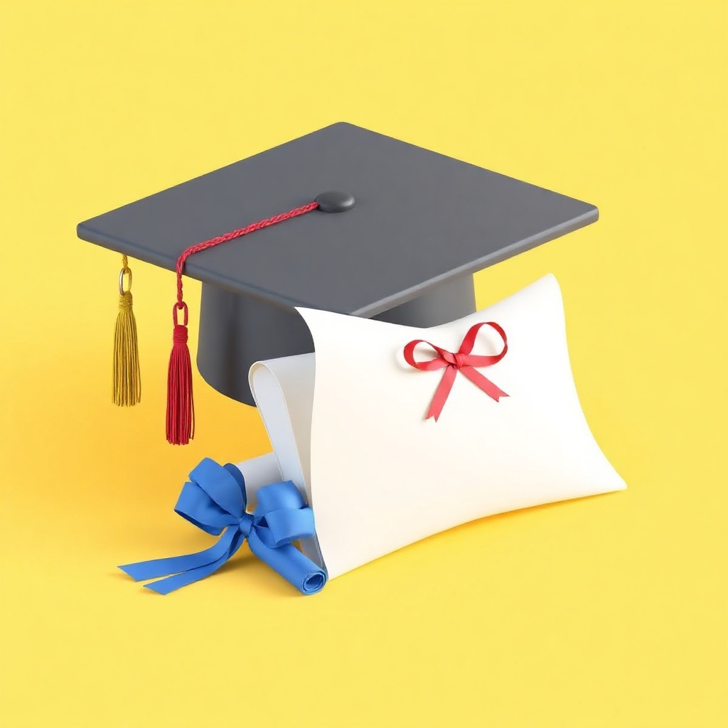 3D illustration of a graduation cap and diploma, educational concept, bright yellow background