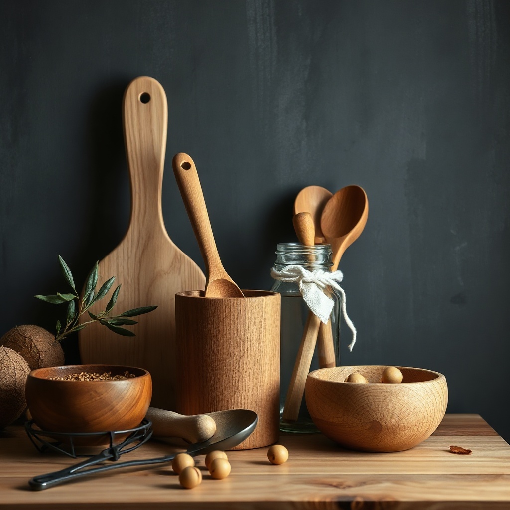 aesthetic shot of olive wood kitchen tools
