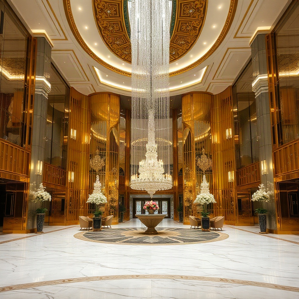 luxury hotel lobby in Dubai, grand architecture, gold accents