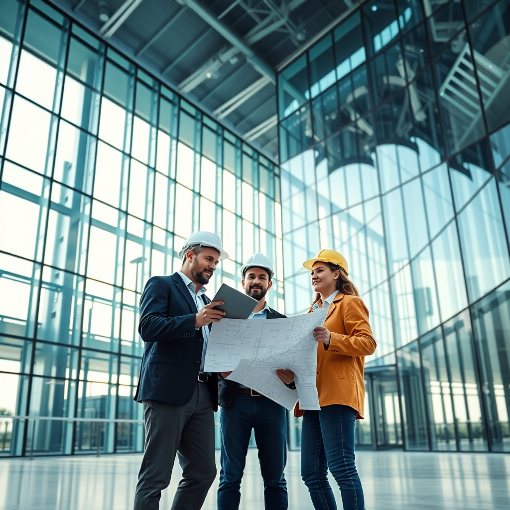 Modern abstract architectural structure with engineers reviewing blueprints