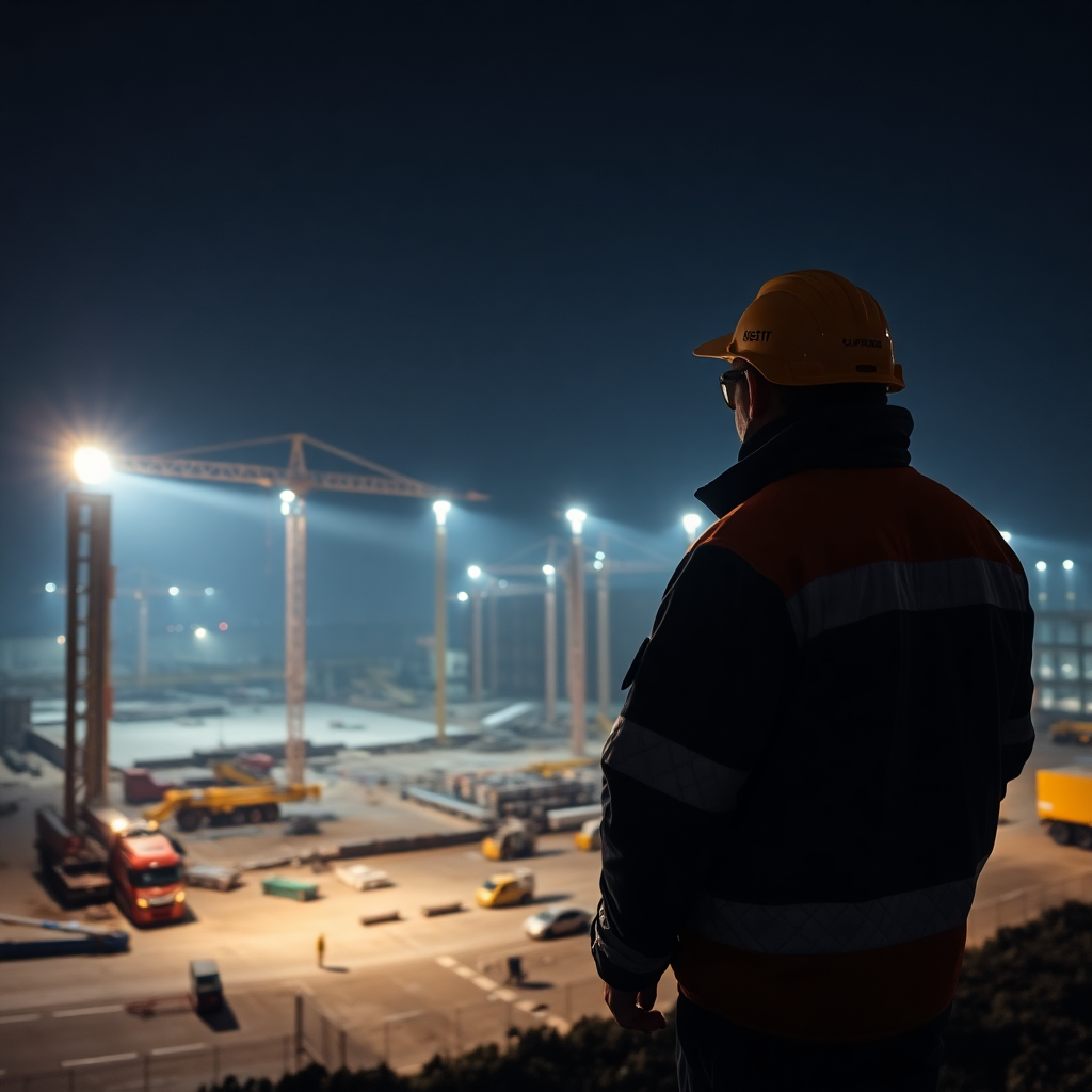 security guard watching over a large construction site at night, Liberec Czech Republic, dramatic fl