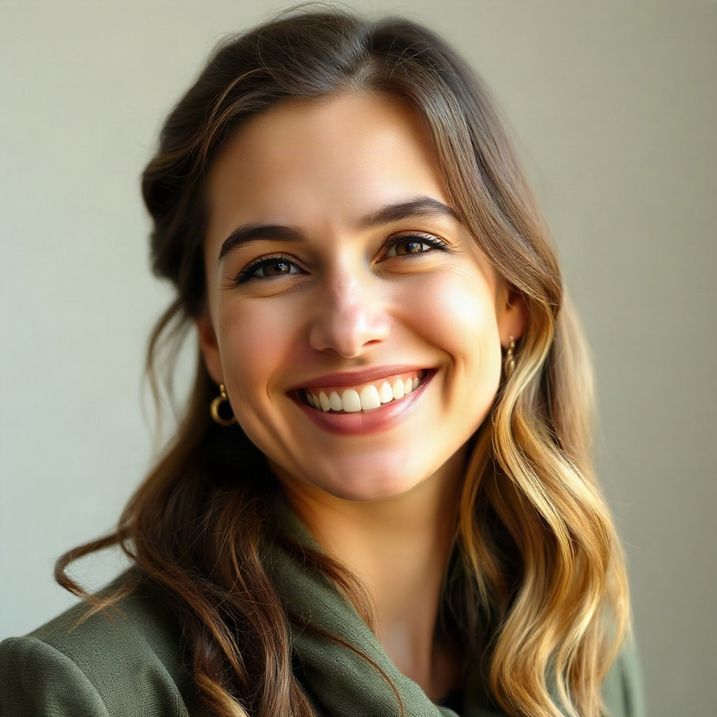 smiling woman in her thirties, natural portrait headshot, soft lighting
