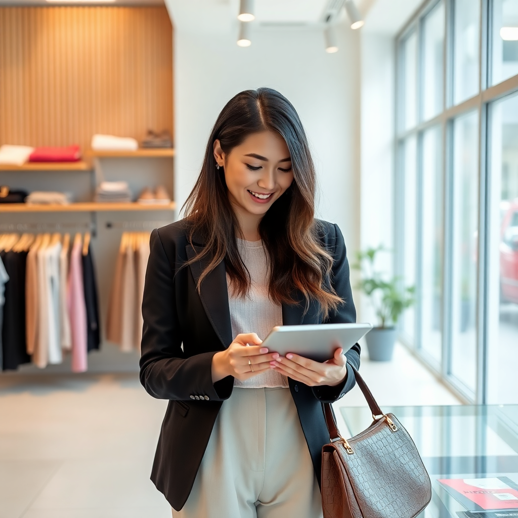 stylish female entrepreneur owner of small boutique shop in Kuala Lumpur, browsing tablet, bright ai